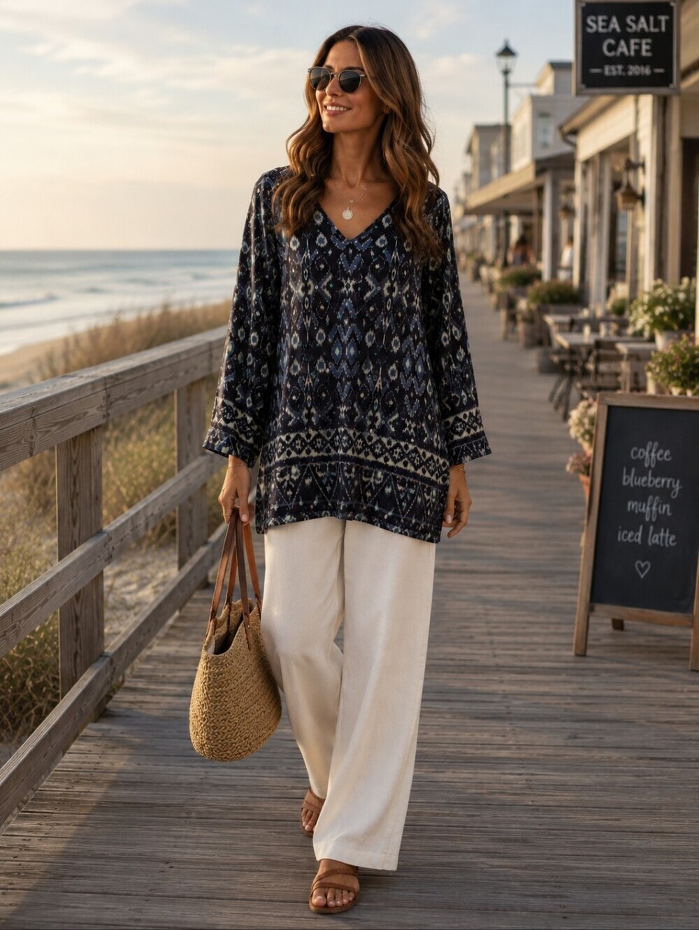 Lafayette 148 New York Navy Patterned V‑Neck Tunic Size 4